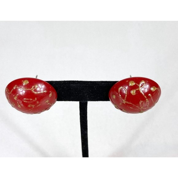 Domed Button Pierced Earrings Gold Glitter Paint Pushback Closure - Picture 3 of 5